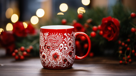 Red Coffee Mug With White Flower Paintingの素材