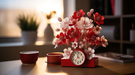 Vase With Flowers and Clock on Tableの素材