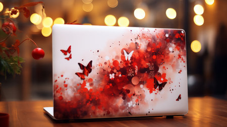 Laptop Computer on Wooden Tableの素材