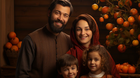 A Man and Two Children Standing in Front of an Orange Treeの素材
