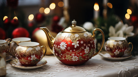 Red and White Tea Pot on Plateの素材