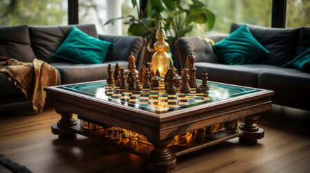 Chess Set on Coffee Table in Living Roomの素材
