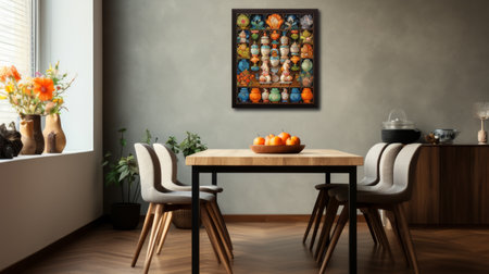 A Room With a Chair, Table, Potted Plants, and a Paintingの素材