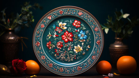 Colorful Plates on Wooden Tableの素材