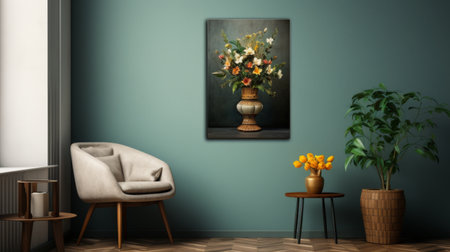 A Room With a Chair, Table, Potted Plants, and a Paintingの素材