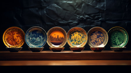 Colorful Plates on Wooden Tableの素材