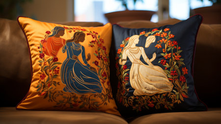 Two Pillows Resting on a Couchの素材