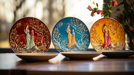 Colorful Plates on Wooden Tableの素材