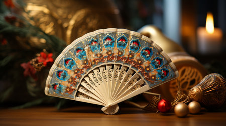 Close-Up of Decorative Fan on Tableの素材