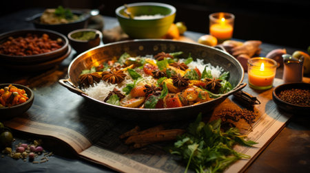 A Pan of Food on Top of a Wooden Tableの素材