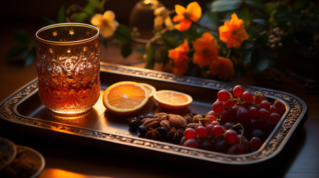 Tray With a Glass of Tea, Oranges, and Spicesの素材