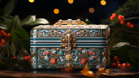 Blue Box With Red Jewel Among Red Rosesの素材