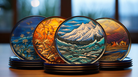 Stack of Coasters on Wooden Tableの素材