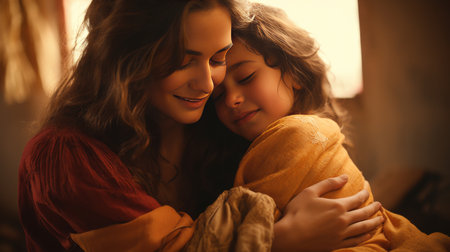Woman Holding Little Girl in Her Armsの素材