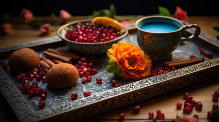 Tray With a Glass of Tea, Oranges, and Spicesの素材