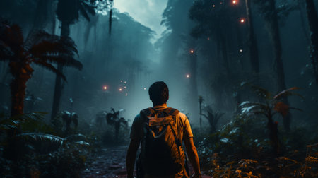 A Man With a Backpack Walking Through a Dark Forestの素材