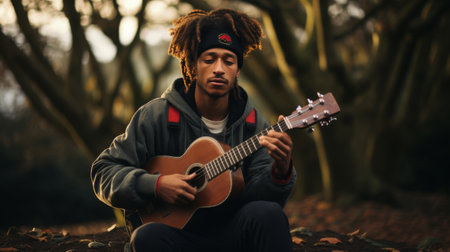 Man With Dreadlocks Playing Guitar in the Woodsの素材