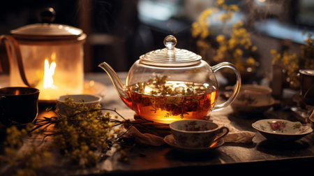 Teapot Filled With Tea Next to Lit Candleの素材