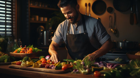 Man in Kitchen Preparing Food on Cutting Boardの素材