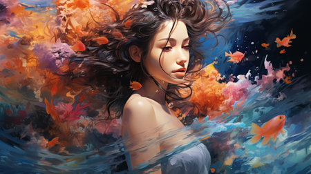 A Painting of a Woman With Her Hair Blowing in the Windの素材
