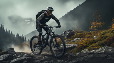 Man Riding a Mountain Bike on a Rocky Trailの素材