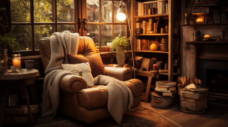 Living Room With Chair and Bookshelfの素材