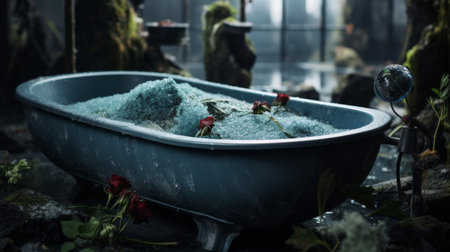 Woman Laying in Bathtub Filled With Iceの素材