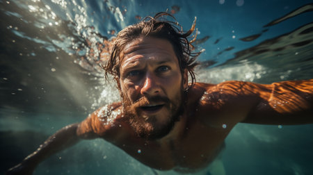 A Man Swimming Underwater in the Oceanの素材