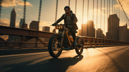 Man Riding a Motorcycle Across a Bridgeの素材
