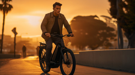 Man Riding a Motorcycle Across a Bridgeの素材