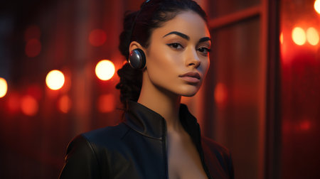 Woman in Black Leather Jacket With Headphonesの素材