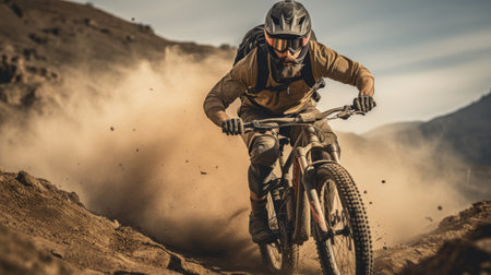 A Man Riding a Mountain Bike Through a Forestの素材