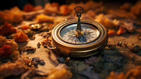 Compass Resting on Leaf Covered Groundの素材