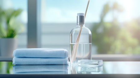 Glass Bottle With Reed Beside Folded Towelsの素材