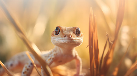 Small Gecko Sitting on Top of Dry Grass Fieldの素材