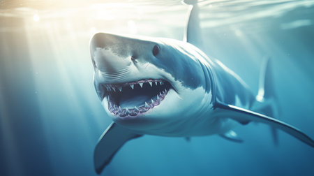 Majestic Great White Shark Swimming in the Oceanの素材