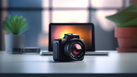 Camera Lens on Wooden Tableの素材