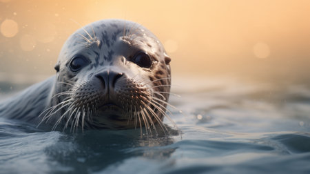 Sea Lion Swimming in the Ocean at Sunsetの素材