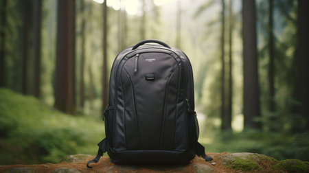 Black Backpack Resting on Wooden Tableの素材