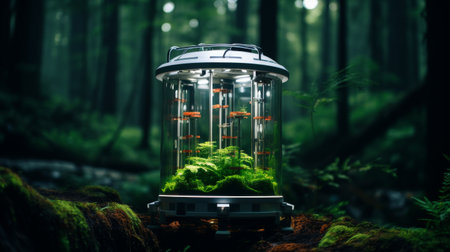 Birdcage Filled With Green Plants in a Forestの素材