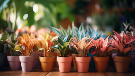 A Group of Potted Plants on a Wooden Tableの素材