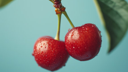Group of Cherries With Leaves on Red Backgroundの素材