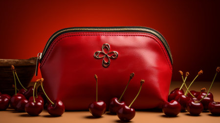 A Red Purse Sitting on Top of a Table Next to Cherriesの素材