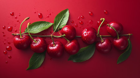 Group of Cherries With Leaves on Red Backgroundの素材