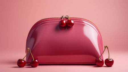 A Red Purse Sitting on Top of a Table Next to Cherriesの素材