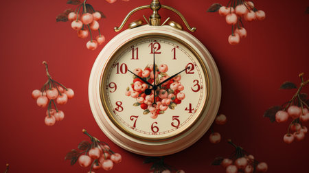 White Clock With Red Flowers on Red Wallの素材