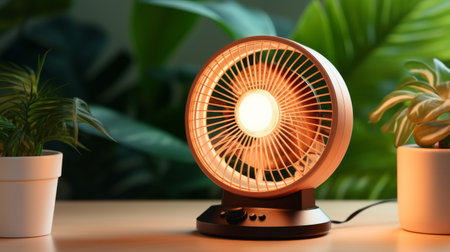 Small Fan on Table Next to Potted Plantの素材