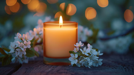 A Lit Candle Surrounded by Flowers on a Tableの素材