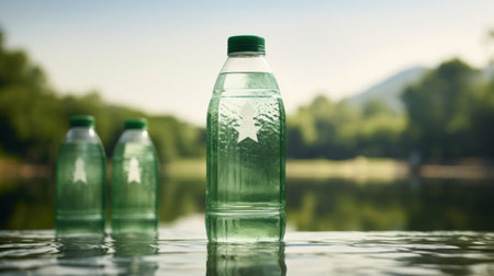 Three Green Water Bottles on Tableの素材