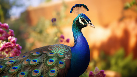 A Peacock Standing in Front of Purple Flowersの素材